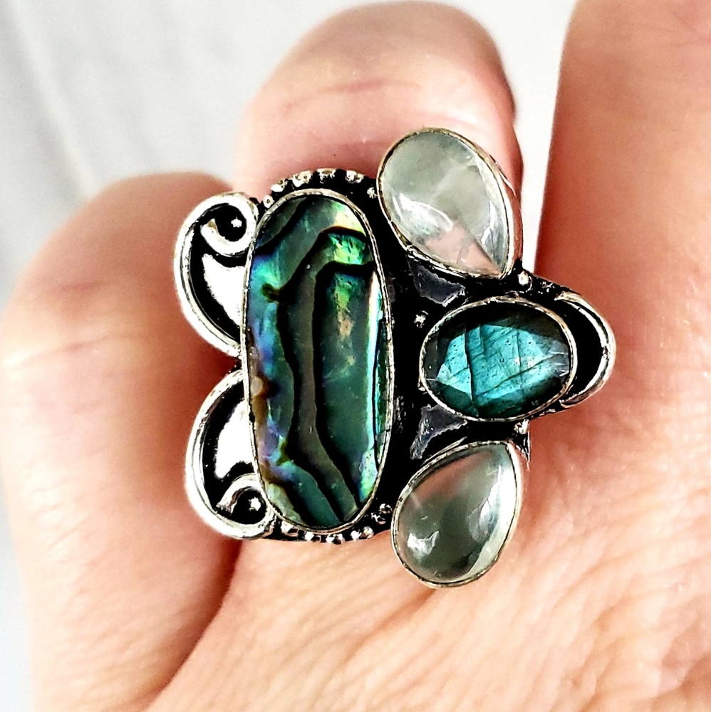 New Abalone Shell, Labradorite & Agate 925 Silver Ring.